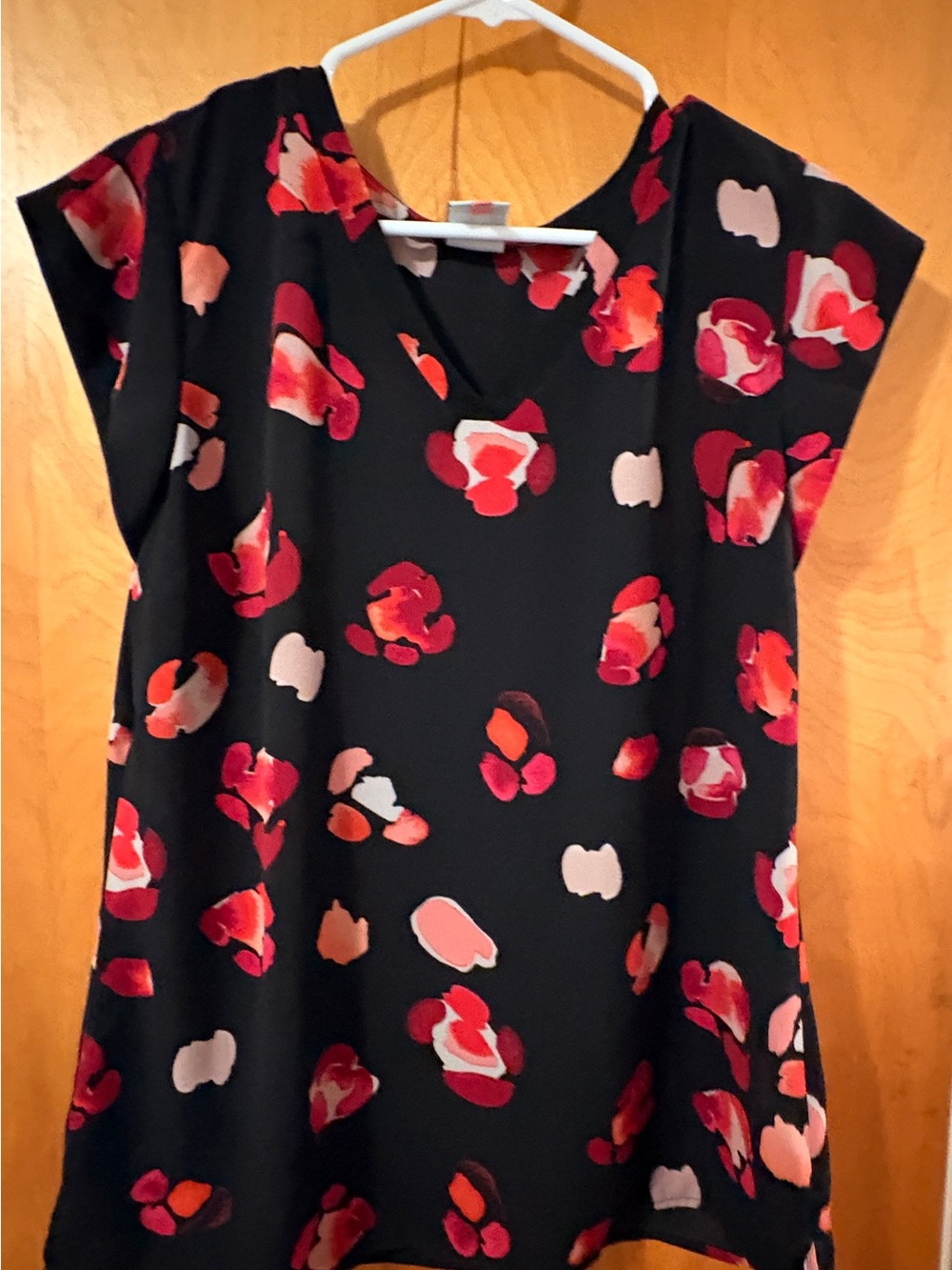 Black Floral V-Neck Short Sleeve Blouse - Red & Pink Print